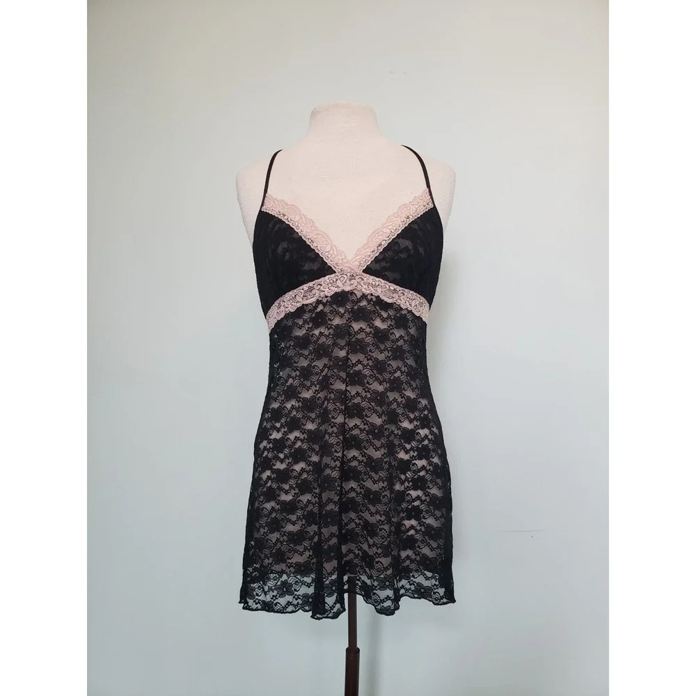 Cosmopolitan Women L Slip Dress Lingerie Pink Sheer Lace Mesh Y2K Racerback Sexy